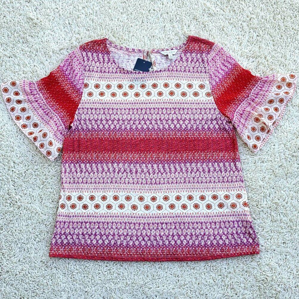 Lucky Brand Top, Purple Ivory Multi, Short Sleeve, NWT, Size S/P - Picture 7 of 11